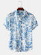 Mens Toile De Jouy Porcelain Floral Printed Short Sleeve Turn Down Collar Casual Shirt - Blue