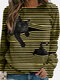 Cat Print Long Sleeve Black Striped Plus Size T-shirt - Yellow