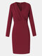 Solid Color V-neck Long Sleeve Plus Size Bodycon Dress for Women - Wine Red