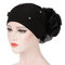 Women Pan Flower Hat Oversized With Flower Headscarf Beanies Hat Solid Color Beaded  Cotton Cap - Black
