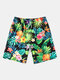 Mens Tropical Pineapple Print Holiday Mid Length Drawstring Shorts - Black