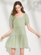 Plaid Check Print Short Sleeve Square Collar Dress For Women - Green