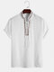 Mens Floral Embroidered Trim Bandage 100% Cotton Short Sleeve Henley Shirts - White