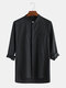 Mens Cotton Linen Casual Solid Plain 3/4 Sleeve Shirt - Black
