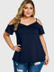 Solid Color Off-shoulder Short Sleeve Plus Size T-shirt for Women - Navy