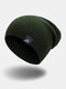 Men Stripe Knitted Solid Color Letter Cloth Label All-match Warmth Beanie Hat - Army Green