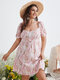 Plus Size Resort Wear Square Neck Print Shirring Dress - Pink