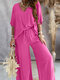 Women Solid V-Neck Wide Leg Pants Casual Co-ords - Rose