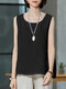 Solid Round Neck Sleeveless Casual Cotton Women Tank Top - Black
