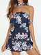 Floral Print Halter Ruffle Zipper Short Casual Romper for Women - Navy