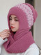 Women Knitted Plus Velvet Color-match Pleated Stripes Fur Ball Decoration One-piece Scarf Hat Anti-cold Ear Protection Beanie Hat - Pink