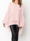 Front Two-layer Lantern Sleeves Long-sleeved Hem Stitching Blouse - Pink