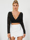Solid Long Sleeve Backless Lace Hollow Out Crop Top For Women - Black