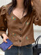 Corduroy Floral Embroidery Square Collar Puff Sleeve Jacket - Coffee