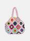 JOSEKO Women Plush Handmade Crochet Ethnic Mixed Floral Pattern Shoulder Bag Multifunctional Tote Bag - Pink