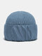 Unisex Acrylic Knitted Thickened Solid Color Satin Cloth Patch Patchwork Fashion Warmth Brimless Beanie Hat - Blue