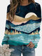Casual Landscape Printed Long Sleeve O-neck Blouse For Women - Black