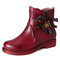 SOCOFY Retro Solid Color Handmade Flower Genuine Leather Soft Flat Short Boots - Wine Red