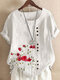 Button Flower Print Short Sleeve O-neck Women T-shirt - White