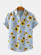 Mens Sunflower & Stripe Print Casual Light Short Sleeve Summer Shirts - Blue