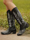 Plus Size Women Retro Pointed Toe Embroidered Chunky Heel Cowboy Boots - Black