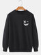 Mens Smile Face Chest Print Crew Neck Pullover Sweatshirts - Black