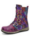 Socofy Casual Retro Ethnic Floral Print Leather Patchwork Metal Buckle Side-zip  Biker Flat Boots - Purple