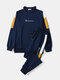 Mens Side Stripe Letter Embroidered Pullover Sweatshirt Preppy Two Pieces Outfits - Navy