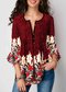  Seven-point Sleeve Printed Ruffled Shirt Top - Red wine