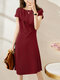 Solid Invisible Zip Side Short Sleeve Crew Neck Dress - Wine Red