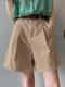 Pleats Zip Belted High Waist Thigh Length Pocket Shorts - Khaki