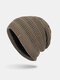 Men Hollow Knitted Plus Velvet Solid Color Geometric Jacquard Warmth Brimless Beanie Hat - Khaki