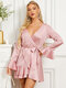 Solid Satin Ruffle Belt V-neck Long Sleeve Casual Dress - Pink