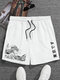 Mens Japanese Wave Ukiyoe Print Drawstring Waist Shorts - White