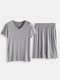 Men Plain Short Sleeve Pajamas Set Two Pieces Casual Loungewear - Light Grey