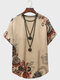 T-shirts à manches courtes et col rond à imprimé floral ethnique pour hommes - Abricot