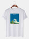 Mens Scenery Graphic Print Cotton Round Neck Casual Short Sleeve T-Shirts - White