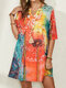 Multi-color Calico Print V-neck Half Sleeve Dress For Women - Orange