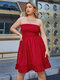 Plus Size Red Tube Top Shirring Backless Design Dress - Red
