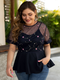 Embroidery  Mesh Patchwork O-neck Plus Size T-shirt for Women - Navy