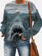 Fashion Shark Drawing Print Long Sleeve Casual Plus Size Sweatshirt - Grey