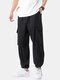 Mens Linen Solid Color Loose Casual Drawstring Cuff Cargo Pants - Black