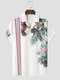 Mens Floral Striped Print Revere Collar Holiday Short Sleeve Shirts - White