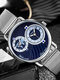 4 Colors Leather Alloy Men Business Watch Decorated Pointer Dual Time Zone Quartz Watch - Alloy Band & Silver Blue