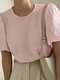 Women Solid Puff Sleeve Keyhole Back Textured Blouse - Pink