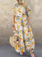 Women Watercolor Floral Print Crew Neck Short Sleeve Dress - Yellow