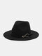 Unisex Dacron Solid Color Iron Hoop Strap Decoration Wide Brim Sunshade Top Hat Fedora Hat - Black