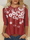 Flower Print O-neck Long Sleeve Casual Women T-shirt - Wine Red