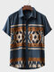 Mens Ethnic Geometric Print Patchwork Button Up Short Sleeve Shirts - Navy