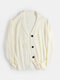 Mens Rib-Knit Hollow Out Button Front Lapel Casual Long Sleeve Cardigans - White